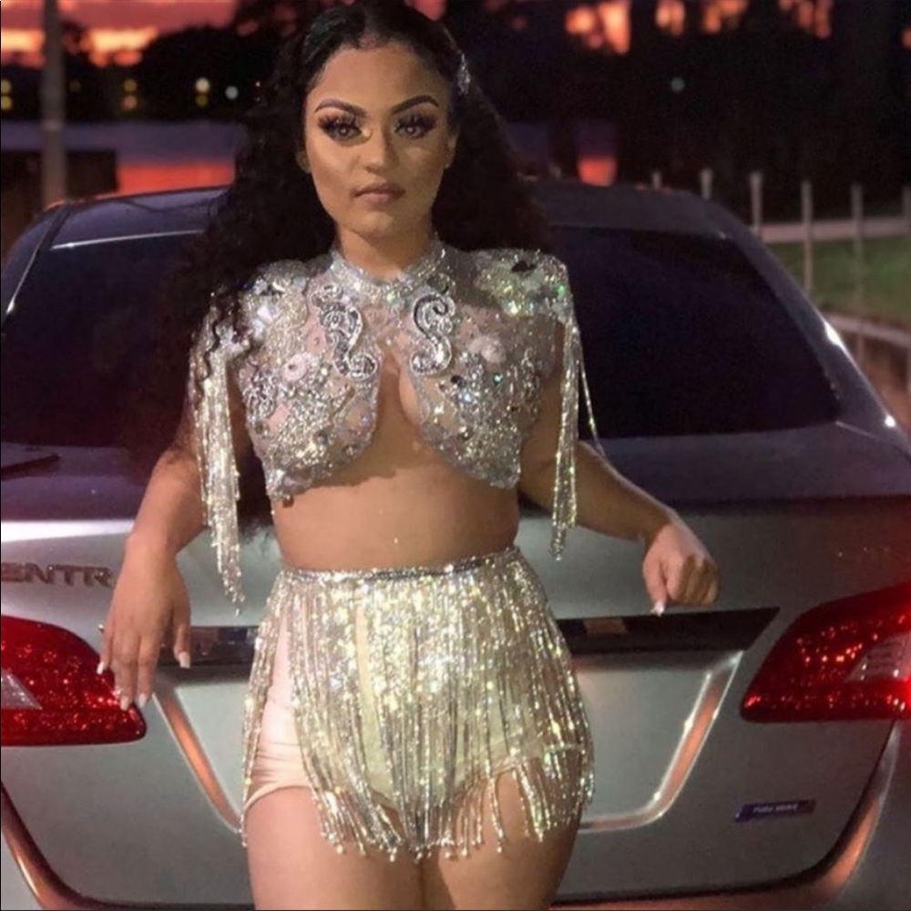 Custom made rhinestone mesh dress